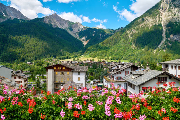 Chamonix and mont blanc mountain range at sunny day, France.