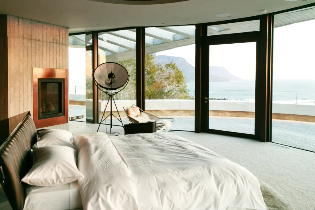Bed in a room with a awsome view
